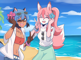 anthro beach black_body black_fur black_hair black_nose blue_body blue_eyes blue_fur blue_hair bracelet breasts brown_body brown_fur clothed clothing day duo eyes_closed eyewear female fluffy fluffy_tail fur gesture glasses gloves_(marking) hair hand_gesture jewelry long_hair markings multicolored_body multicolored_fur multicolored_hair one_eye_closed open_mouth open_smile outside pink_body pink_fur pink_hair ponytail seaside short_hair small_breasts smile tail topwear v_sign water white_body white_fur wink poptrt brand_new_animal studio_trigger michiru_kagemori nazuna_hiwatashi canid canine fox mammal raccoon_dog tanuki 2020 absurd_res hi_res