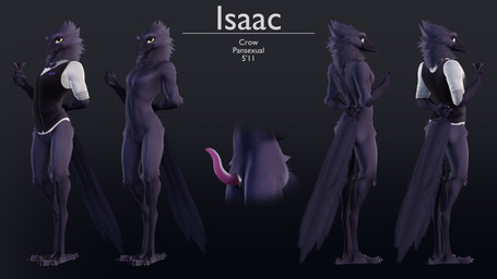 animal_genitalia animal_penis anthro avian_feet beak black_body bottomless bottomless_anthro bottomless_male bow_tie clothed clothing container cup erection feathers featureless_crotch feet fingers genitals holding_container holding_cup holding_object looking_at_viewer looking_back male nude penis rear_view simple_background smile solo standing stated_height stated_pansexuality stated_sexuality stated_species tail tail_feathers text topwear waiter_suit ruaidri isaac_(ruaidri) avian bird corvid corvus_(genus) crow oscine passerine 16:9 character_name digital_media_(artwork) english_text hi_res model_sheet widescreen