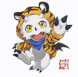 anthro chibi claws clothing hoodie horn male solo stripes topwear white_body wings yellow_eyes k_nautilus1157 bandai_namco digimon digimon_ghost_game digimon_(species) gammamon