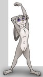 anthro body_hair feet female flat_chested genitals hands_above_head happy_trail nipples nude paws pose purple_eyes pussy simple_background solo dizzyvixen disney zootopia judy_hopps lagomorph leporid mammal rabbit 9:16 hi_res pinup