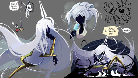 2_horns ambiguous_gender anthro biped black_eyes black_face black_text cloak clothed clothing dialogue ellipsis exclamation_point featureless_face feral fingers fishing food fur grey_background group hair holding_food holding_object holding_popsicle horn looking_at_another popsicle red_cloak red_clothing simple_background sound_effects speech_bubble standing talking_to_another text towel towel_on_head trio water white_body white_hair white_text wings phillia_esaya hollow_knight:_silksong hollow_knight_(franchise) team_cherry grand_mother_silk hornet_(hollow_knight) radiance_(hollow_knight) void_(hollow_knight) flea_(hollow_knight:_silksong) humanoid 16:9 2026 english_text hi_res signature widescreen female_(lore)