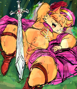 anthro balls bodily_fluids boots broadsword cheek_tuft cloak clothing facial_tuft fangs flaccid footwear fur genitals half-closed_eyes hat headgear headwear humanoid_genitalia humanoid_penis male melee_weapon multicolored_body multicolored_fur narrowed_eyes open_mouth open_smile penis shoes shortstack shortstack_male slightly_chubby slightly_chubby_anthro slightly_chubby_male small_penis smile solo sweat sweatdrop sword tan_body tan_fur teeth tuft two_tone_body two_tone_fur weapon yellow_body yellow_fur yellow_sclera gat0pussy24 squire_(salamikii) domestic_cat felid feline felis mammal hi_res
