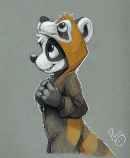 animal_onesie anthro black_body black_fur closed_smile clothed clothing fangs fur glistening glistening_eyes grey_background head_tuft logo male male_anthro mouth_closed side_view simple_background smile solo teeth tuft white_body white_fur young young_anthro young_male pandapaco parinton bear giant_panda mammal artist_logo portrait signature three-quarter_portrait