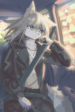 5_fingers anthro car car_interior clothing detailed_background female fingers hair jacket jewelry necklace seatbelt sitting solo tail topwear vehicle mametunu canid canine canis mammal wolf 2023 absurd_res digital_drawing_(artwork) digital_media_(artwork) hi_res