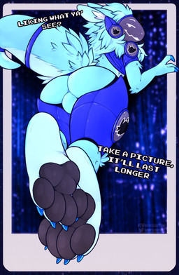 anthro armor backsack balls black_pawpads blue_armor blue_body blue_claws blue_fur border butt butt_focus claws countershade_feet countershade_torso countershading crossed_legs feet femboy foot_focus fur genitals lying machine male on_front pawpads raised_tail rear_view smug smug_grin solo tail teasing teasing_viewer text verysleepycat lasket protogen english_text hi_res shaded