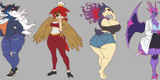 anthro big_breasts big_butt blue_body bottomwear bra breasts brown_body brown_feathers butt cleavage clothed clothing coat denim denim_clothing eyelashes feathers female group hotpants huge_breasts huge_butt jacket lab_coat leather leather_clothing leather_jacket leather_topwear long_eyelashes looking_at_viewer mature_female muscular muscular_female panties panty_peek pencil_skirt purple_body purple_scales red_body red_feathers scales shorts skirt soft_abs sports_bra thick_thighs thong_straps topwear torn_clothing underwear voluptuous_female white_body thyhsilverfeet nintendo pokemon generation_7_pokemon generation_8_pokemon hisuian_decidueye hisuian_form hisuian_samurott hisuian_typhlosion naganadel pokemon_(species) regional_form_(pokemon) ultra_beast absurd_res hi_res