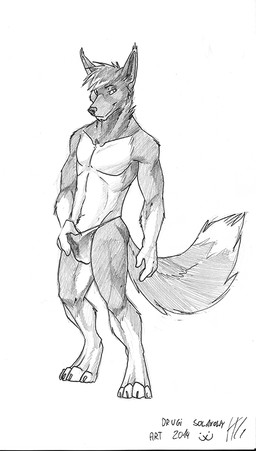 anthro bulge closed_smile clothed clothing dipstick_tail front_view looking_at_viewer male male_anthro markings mouth_closed narrowed_eyes simple_background slight_smile smile solo standing tail tail_markings topless solaxe_(artist) canid canine mammal full-length_portrait monochrome portrait