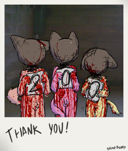 anthro blindfold blood bodily_fluids border brown_mask excessive_blood female flaccid fur genitals gore grey_border group holding_object holding_sign humanoid_genitalia humanoid_penis male mask nude penis pink_body pink_fur sign standing text thank_you trio vulva yellow_body yellow_fur bravobunny mammal english_text hi_res