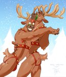 anthro antlers bell bell_harness brown_body brown_fur bulge clothed clothing dancing duo fur grin hand_holding harness holiday_message holidays horn intimate jingle_bell jingle_bell_harness jockstrap jockstrap_only male male/male merry_christmas mostly_nude short_tail smile snow snowing tail teeth text topless underwear underwear_only winter bonfiredemon christmas spot's_magical_christmas spot_the_dog_(series) deer mammal new_world_deer reindeer english_text hi_res