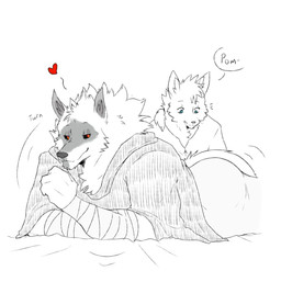 anthro arm_wrapping arm_wraps blue_eyes bottomwear butt cheek_tuft cloak clothing dialogue duo emanata fabric facial_tuft fist flipping_over fluffy fuzzy half-closed_eyes head_tuft heart_symbol inner_ear_fluff looking_at_butt looking_back looking_down lying male male/male motion_lines narrowed_eyes neck_tuft on_front pants pointy_ears poncho prick_ears red_eyes romantic romantic_couple shirt simple_background size_difference smile smirk speech_bubble tail text topwear tuft turn_over turning_around white_background wrapped_arms wraps harukaroto dreamworks puss_in_boots_(franchise) death_(puss_in_boots) haru_(haru_karoto) canid canine canis fox mammal wolf hi_res monochrome