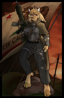 anthro armor assault_rifle bullet bullet_belt clothed clothed_anthro clothed_female clothing coat detailed_background female flag fur gun holding_gun holding_object holding_ranged_weapon holding_weapon horizontal_pupils horn mouth_closed ncr_ranger_(fallout) new_california_republic pupils ranged_weapon rifle rock smug solo tan_body tan_fur topwear weapon yellow_eyes blushyminou143 fallout microsoft hanna_(wendigoinabox) alpine_goat bovid caprine domestic_goat goat mammal