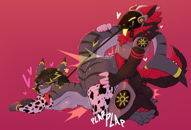 abdominal_bulge animal_print anthro anthro_on_anthro anthro_penetrated anthro_penetrating anthro_penetrating_anthro balls barbell_piercing black_body black_fur blonde_highlights breast_squish breasts brown_hair butt butt_squish cow_print doggystyle duo eyes_closed female female_penetrated from_behind_position fur genitals grey_body hair heart_symbol highlights_(coloring) leash leash_pull machine male male/female male_penetrating male_penetrating_female nipple_barbell nipple_piercing nipples penetration piercing plap red_highlights sex squish tongue tongue_out coffaebeans soleil_(itstedda) wynter_warsong aquatic fish protogen shark hi_res