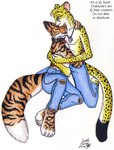 anthro black_collar black_spots black_stripes blue_bottomwear blue_clothing blue_jeans blue_pants bottomwear brown_body brown_eyes brown_fur clothed clothing collar collar_tag denim denim_bottomwear denim_clothing dog_tags duo feet fur grey_inner_ear heart_collar_tag hindpaw hug hugging_another humanoid_hands jeans kneeling male male/male markings pants paws pecs simple_background sitting snout spots spotted_body spotted_fur striped_body striped_fur stripes tail topless torn_bottomwear torn_clothing torn_jeans torn_pants white_background white_body white_fur yellow_body yellow_fur jessk canid canine cheetah felid feline fox hybrid mammal pantherine tiger 2002 colored_pencil_(artwork) signature traditional_media_(artwork)