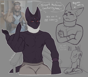 3_eyes anthro black_body black_fur body_hair bottomwear claws clothing cloven_hooves dialogue duo female finger_claws frown fur gesture hand_gesture happy_trail hooves horn looking_at_viewer looking_back male middle_finger multi_eye neck_brace nipples pants pawpads red_eyes scar speech_bubble spiral_horn teary_eyes underwear wool_(fur) wool_hair wounded thiritherabbit cult_of_the_lamb massive_monster_(studio) lamb_(cult_of_the_lamb) narinder red_crown_(cult_of_the_lamb) bovid caprine domestic_cat felid feline felis mammal sheep hi_res reference_image