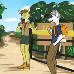 anthro ascot backpack boots bottomwear clothed clothing duo footwear fully_clothed hiking male outside pants shirt shoes shorts topwear fuze texnatsu adam_caro luke_(texnatsu) canid canine canis felid feline lynx mammal wolf 1:1 hi_res