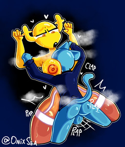 anthro antlers balls blue_background bodily_fluids breasts butt clothed clothing duo female garter_belt_leggings garter_straps genitals hands_on_arms head_between_breasts heart_symbol horn legwear looking_pleasured male male/female motion_lines musk musk_cloud nipples onomatopoeia plap sex simple_background sound_effects sweat tail text translucent translucent_clothing translucent_legwear onixsea cartoon_network the_amazing_world_of_gumball gumball_watterson penny_fitzgerald fairy felid feline mammal hi_res signature