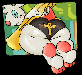 anthro big_butt black_clothing black_eyes black_underwear blue_sclera butt clothing cross feathered_wings feathers female forest freckled_face freckles fur hair long_ears looking_back multicolored_clothing multicolored_underwear orange_clothing orange_robe orange_underwear orange_wings outside plant rear_view red_nose robe scut_tail short_tail solo tail thick_thighs tree two_tone_clothing two_tone_underwear two_tone_wings underwear white_body white_fur white_hair white_tail white_wings wings awakecore angel_hare the_east_patch angel_gabby angel hare lagomorph leporid mammal 2025 digital_media_(artwork)