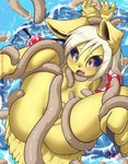 ambiguous_gender anthro blush breasts convenient_censorship covering covering_breasts covering_crotch female front_view nude restrained solo spread_legs spreading tentacles yellow_body rilex_lenov nintendo pokemon elaine_(rilex_lenov) eeveelution generation_1_pokemon jolteon pokemon_(species) tentacruel