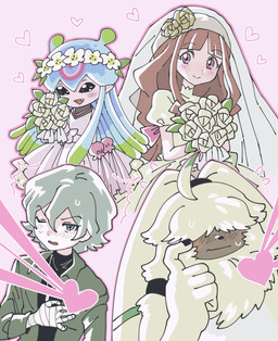 anthro bouquet brown_hair clothing dress female flower flower_bouquet fluffy fur grey_hair group hair hair_over_eyes heart_symbol long_ears male plant ponytail_ears wedding_dress yellow_body yellow_fur yuuairulove bandai_namco digimon angoramon_(ghost_game) jellymon_(ghost_game) kiyoshiro_higashimitarai ruri_tsukiyono angoramon digimon_(species) human humanoid jellymon mammal hi_res