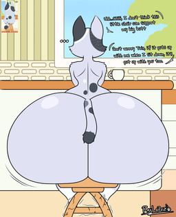anthro big_butt bottom_heavy bubble_butt butt butt_focus chair dog_ears ellipsis female female_anthro fur fur_markings furniture grey_body grey_fur huge_butt hyper hyper_butt kitchen markings on_chair rear_view sitting sitting_on_chair solo tail text raylopez bluey_(series) trixie_heeler canid canine canis domestic_dog mammal absurd_res digital_drawing_(artwork) digital_media_(artwork) english_text hi_res reference_image