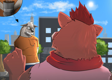 anthro blue_bottomwear blue_clothing blue_pants bodily_fluids bottomwear brown_body brown_fur building clothed clothing cloud coffee_cup container cup detailed_background duo eye_contact fully_clothed fur gesture grey_body grey_fur hand_gesture holding_coffee_cup holding_container holding_cup holding_object hoodie looking_at_another male nervous nervous_smile nervous_sweat orange_clothing orange_hoodie orange_topwear outside pants pink_clothing pink_shirt pink_topwear plant pointing pointing_at_another rear_view red_scarf scarf shirt sky sleeveless_shirt standing sweat topwear tree window pawhan3 password_(visual_novel) dave_(password) roswell_(password) hyena mammal striped_hyena suid suine sus_(pig) wild_boar 2020 alternate_version_at_source hi_res