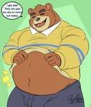 anthro belly bottomwear brown_body brown_fur bulge clothing dialogue eyes_closed fur humanoid_hands male navel open_mouth open_smile overweight overweight_anthro overweight_male pants shirt smile solo speech_bubble text topwear deadanthro animal_crossing nintendo teddy_(animal_crossing) bear mammal 2020 english_text