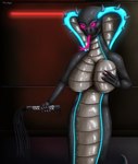 4_fingers apode big_breasts bioluminescence black_body black_scales blue_markings breast_grab breasts cat_o'_nine_tails colored_nails dungeon featureless_breasts female fingers flogger floor glowing glowing_eyes glowing_markings glowing_tongue hand_on_breast imminent_torture interrogation_room legless looking_at_viewer markings metal_wall multicolored_body nails neon_lights ominous pink_eyes pink_tongue predatory_look pupils red_light scales serpentine sharp_nails slit_pupils snake_hood solo spikes spikes_(anatomy) tail tile tile_floor tongue wall_(structure) whip tamhigan_(artist) x-com psi_(tamhigan) alien draconcopode naga reptile scalie snake viper_(x-com) absurd_res digital_drawing_(artwork) digital_media_(artwork) hi_res signature
