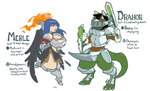 anthro armor bevor big_breasts black_body black_feathers black_hair blue_hair breastplate breasts brown_body brown_fur cleavage clothed clothing codpiece couter cuirass dragon_tail duo elemental_manipulation faceplate feathers female fire fire_manipulation fur gauntlets gloves green_body green_scales hair handwear headgear helmet magic magic_user male melee_weapon pauldron pink_eyes plackart poleyn sabatons scales shield sword tail tassets text vambrace weapon wings jinti_(artist) mythology drahor_(drahor) dragon equid equine horse human hybrid mammal mythological_creature mythological_scalie scalie english_text