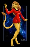 anthro bottomwear brown_hair caitian clothed clothing cosmic_background equal_sign felid female fur galaxy hair jennifer_l_anderson lion m'ress mammal pantherine paws pink_nose red_bottomwear red_clothing red_skirt skirt sky smile solo space standing star star_trek star_trek_the_animated_series starry_sky symbol tail teeth teeth_showing text uniform url yellow_body yellow_eyes yellow_fur