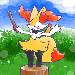 ambiguous_anthro ambiguous_gender anthro biped blush blush_stickers bow_tie bow_tie_only cloud conducting_baton cute_fangs detailed_background digitigrade dipstick_tail emanata eyes_closed fangs food front_view grass holding_object holding_stick markings mostly_nude object_in_tail open_:3 open_mouth open_smile outside plant shrimp_(food) sky smile snout solo standing stick tail tail_markings teeth tree_stump annyui0611 nintendo pokemon braixen canid generation_6_pokemon mammal pokemon_(species) 1:1 2024 digital_drawing_(artwork) digital_media_(artwork) full-length_portrait hi_res japanese_description portrait translated_description