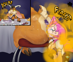 big_butt bloodshot_eyes bodily_fluids brown_hooves burp_cloud burping butt cake cheese dairy_products dessert duo fart fart_fetish farting_in_mouth farting_on_face female female/female female_rimming_female feral flies_for_smell food food_fetish food_on_butt food_play hair hooves horn human_rimming_feral ignoring_another meat obese obese_female obese_feral onomatopoeia orange_body overweight overweight_female overweight_feral pink_hair sound_effects sweat tail tan_highlights text blossonflower blue_sky_studios ferdinand_(film) league_of_legends riot_games tencent lupe_(ferdinand) seraphine_(lol) bovid caprine goat human mammal hi_res