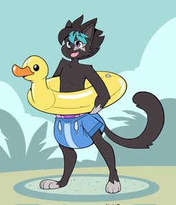 4_toes ambiguous_gender anthro beach big_diaper black_body black_fur black_hair black_nose black_tail blue_highlights blush blush_lines clean_diaper clothed clothing diaper diaper_under_clothing fangs feet flotation_device fur gloves_(marking) grey_body grey_fur grey_inner_ear hair heterochromia highlights_(coloring) holding_object leg_markings markings multicolored_body multicolored_fur open_mouth open_smile plant sky smile socks_(marking) solo standing star_(marking) swim_ring swimming_trunks swimwear tail teeth toes wearing_diaper bubblepuppers yuki_(yukisumi) domestic_cat felid feline felis mammal full-length_portrait hi_res portrait