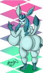 anthro anthrofied big_breasts big_butt big_ears blue_body blue_eyes blue_inner_ear blue_nipples blue_sclera breasts bubble_butt butt crown_(artist) diamond_background digital_media_(artwork) eeveelution english_text female fingers generation_4_pokemon genitals gesture glaceon hand_gesture hi_res huge_breasts huge_butt looking_at_viewer meme middle_finger nintendo nipples nude pokemon pokemon_(species) pokemorph rear_view short_stack simple_background solo standing text thick_thighs