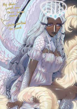 big_breasts breasts clothed clothing curly_hair dark_body dress eyelashes feathers female freckled_face freckles hair halo lips long_hair looking_at_viewer markings nipple_outline nipples solo translucent translucent_clothing translucent_dress wings blackberreh hazbin_hotel hellaverse sera_(hazbin_hotel) angel angel_humanoid humanoid mammal seraph_(angel) absurd_res digital_media_(artwork) hi_res