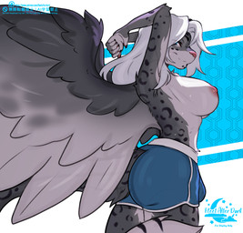 anthro areola biped breasts bulge butt claws clothed clothed_anthro clothed_gynomorph clothed_intersex clothing countershade_torso countershading feathers fingers fur gynomorph hair intersex looking_at_viewer nipples partially_clothed partially_clothed_anthro partially_clothed_gynomorph partially_clothed_intersex rear_view smile solo spots standing tail topless topless_anthro topless_gynomorph topless_intersex wings fleet-foot aura_(aurasentinel) felid mammal pantherine snow_leopard 2026 digital_drawing_(artwork) digital_media_(artwork)