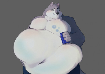 anthro belly belly_expansion belly_inflation beverage big_belly bite biting_lip biting_own_lip blush bubble can chubby_cheeks clothed clothing container expansion fur grey_body grey_fur holding_belly holding_beverage holding_can holding_container holding_object inflation looking_down love_handles male moobs navel nipples obese obese_anthro obese_male overweight overweight_anthro overweight_male self_bite solo standing topless worried qatoro canid canine canis mammal wolf hi_res