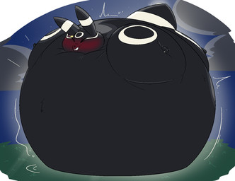 belly big_belly black_body feral huge_belly hyper hyper_belly inflation night outside simple_background solo thatoneaceguy nintendo pokemon eeveelution generation_2_pokemon pokemon_(species) umbreon 2025
