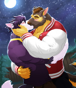 anthro blush blush_lines brown_body brown_fur brown_hair claws clothing duo fence finger_claws five_o'clock_shadow forest fur hair hand_on_back hand_on_cheek hug jacket kissing letterman_jacket light male male/male moon moonlight multicolored_body multicolored_fur muscular muscular_anthro muscular_male muscular_on_muscular one_eye_closed outside plant purple_body purple_clothing purple_fur purple_hair purple_shirt purple_topwear red_clothing red_jacket red_topwear romantic romantic_ambiance shirt sky standing star starry_sky topwear tree two_tone_body two_tone_fur white_body white_fur white_sleeves yellow_body yellow_fur titandraugen after_class gilbert_learnard walter_graham canid canine canis domestic_dog german_shepherd herding_dog mammal pastoral_dog wolf 2022 hi_res watermark