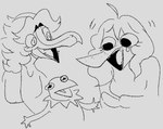 anthro clothed clothing duo female freckled_face freckles hair hand_puppet long_hair puppet coolbug cavemanon_studios muppets snoot_game judee kermit_the_frog schizo_chan_(snoot_game) dinosaur prehistoric_species reptile scalie theropod troodon troodontid monochrome sketch