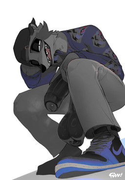 anthro balls big_balls big_penis black_penis bodily_fluids bottomwear clothing eyes_mostly_closed footwear foreskin fur genital_fluids genitals grey_body grey_fur humanoid_genitalia humanoid_penis male markings narrowed_eyes pants penis scrotum_flap shirt shoes solo striped_markings stripes sweat topwear fizzthetiger viktor_(rascaloons) mammal procyonid raccoon hi_res