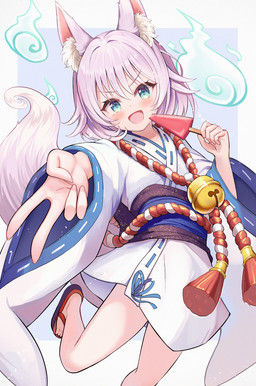 asian_clothing bell blush clothed clothing east_asian_clothing eyebrow_through_hair eyebrows female food footwear gesture hair hand_gesture inner_ear_fluff japanese_clothing jingle_bell open_mouth pink_hair popsicle robe sandals shoes solo tail translucent translucent_hair tuft v_sign sakura_ani animal_humanoid canid canid_humanoid canine canine_humanoid fox_humanoid humanoid mammal mammal_humanoid 2025 hi_res