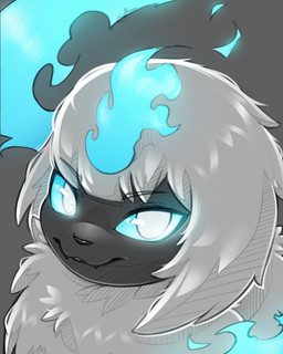 ambiguous_gender blue_body blue_eyes chest_tuft fangs feral fur glowing glowing_eyes magic solo teeth tuft white_body white_fur sylfeanne nintendo pokemon moria moria_(linkmasterchief) absol generation_3_pokemon ghost pokemon_(species) spirit headshot_portrait hi_res monochrome portrait