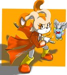 alternate_color anthro clothing cosplay costume duo female katana long_coat melee_weapon pose sheathed_weapon sword weapon geminart capcom devil_may_cry sega sonic_the_hedgehog_(series) cheese_the_chao cream_the_rabbit vergil_(devil_may_cry) chao_(sonic) lagomorph mammal 2022 digital_drawing_(artwork) digital_media_(artwork) digital_painting_(artwork) hi_res