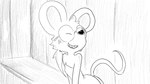 16:9 animal_crossing anthro dialogue_in_description digital_drawing_(artwork) digital_media_(artwork) dragonweirdo eyewear female glasses greyscale hair hi_res looking_at_another mammal monochrome mouse murid murine nintendo petri_(animal_crossing) ponytail rodent sitting smile solo toothy_grin towel towel_only widescreen
