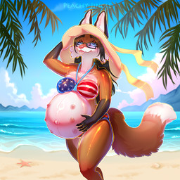 american_flag american_flag_bikini anthro areola beach belly belly_nipples big_belly big_breasts bikini bikini_bottom bikini_top black_hair blue_eyes breasts brown_body brown_fur clothing female flag_bikini flag_swimwear fur glistening glistening_belly glistening_body glistening_breasts hair hand_on_belly hat headgear headwear leg_markings linea_nigra long_hair looking_at_viewer markings multi_nipple navel nipples orange_body orange_fur outie_navel palm_tree pink_areola pink_nipples pink_nose plant pregnant pregnant_anthro pregnant_female sea socks_(marking) solo standing sun_hat swimwear tan_body tan_fur tree two-piece_swimsuit united_states_of_america water peachy-jingle vi_(kupilas) canid canine fennec_fox fox mammal true_fox 1:1 digital_drawing_(artwork) digital_media_(artwork) hi_res