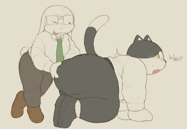 accessory all_fours anthro belt big_butt black_body black_fur blush butt butt_grab clothed clothing collared_shirt dipstick_tail dress_shirt dress_shoes duo embarrassed eyewear floppy_ears fur glasses grope hand_on_butt larger_male larger_sub lop_ears male male/male markings necktie office_clothing one_eye_closed overweight overweight_anthro overweight_male shirt shortstack shortstack_male size_difference slacks smaller_male standing submissive surprised tail tail_markings tongue tongue_out topwear white_body white_fur wink cafongterua pau_(cafongterua) rutabaga_(cafongterua) domestic_cat domestic_rabbit felid feline felis lagomorph leporid lop_rabbit mammal oryctolagus rabbit tuxedo_cat 2026 colored digital_drawing_(artwork) digital_media_(artwork) hi_res