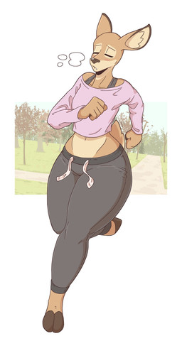 5_fingers anthro athletic athletic_anthro athletic_female blush bottomwear clothed clothing cloven_hooves curvy_figure detailed_background dipstick_ears ear_markings exercise female fingers fur hooves jogging markings multicolored_body multicolored_ears multicolored_fur open_mouth outside pants park plant running shirt solo sweatpants tired topwear tree wide_hipped_female wide_hips slightlysimian hazel_(slightlysimian) deer mammal 2019 digital_media_(artwork) hi_res