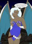 bat_wings breasts cleavage clothed clothing delilah_(gargoyles) dialogue disney fab3716 female french_text front_view gargoyle gargoyles hair hand_on_breast humanoid irl_trace leotard membrane_(anatomy) membranous_wings monotone_clothing monotone_leotard night outside solo teal_wings text translated white_hair wings