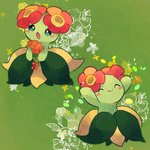 1:1 bellossom blush bouquet bow_(decoration) bow_(feature) carrying_another detailed_background digital_media_(artwork) elemental_creature expressions eyes_closed female flora_fauna floral_background flower flower_bouquet generation_2_pokemon green_background green_body green_eyes happy head_flower holding_bouquet holding_flower holding_object leaf multiple_images nintendo open_mouth plant pokemon pokemon_(species) pseudo_bottomwear pseudo_clothing pseudo_skirt simple_background smile solo sparkles zoroa553