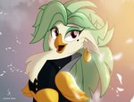 anthro chest_tuft clothing ear_piercing ear_ring female green_hair hair piercing red_eyes ring_piercing shoulder_guards solo tuft zidanemina friendship_is_magic hasbro my_little_pony my_little_pony:_the_movie_(2017) captain_celaeno_(mlp) avian bird parrot hi_res widescreen